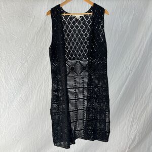 Vtg Bette Paige Black Crochet Long Open Cardigan Boho Festival Size S
